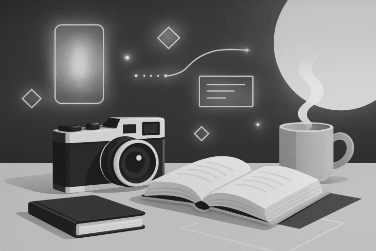Black and white illustration of a camera, open book, notebook, and coffee cup on a desk, symbolizing creativity, storytelling, and reflection.
