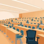 Modern editorial vector illustration of an empty university lecture hall with tiered seating, wooden desks, and blue chairs, wide 2:1 format.