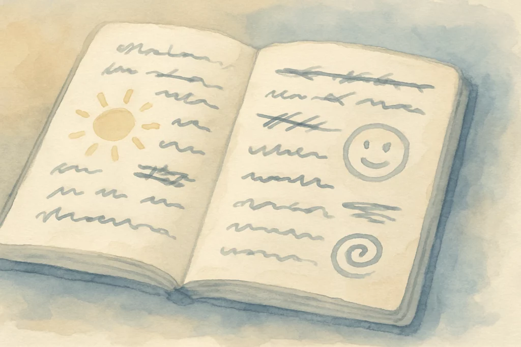 A watercolor illustration of an open journal with doodles of a sun, smiley face, and spiral among messy handwritten lines, symbolizing creativity and imperfection.