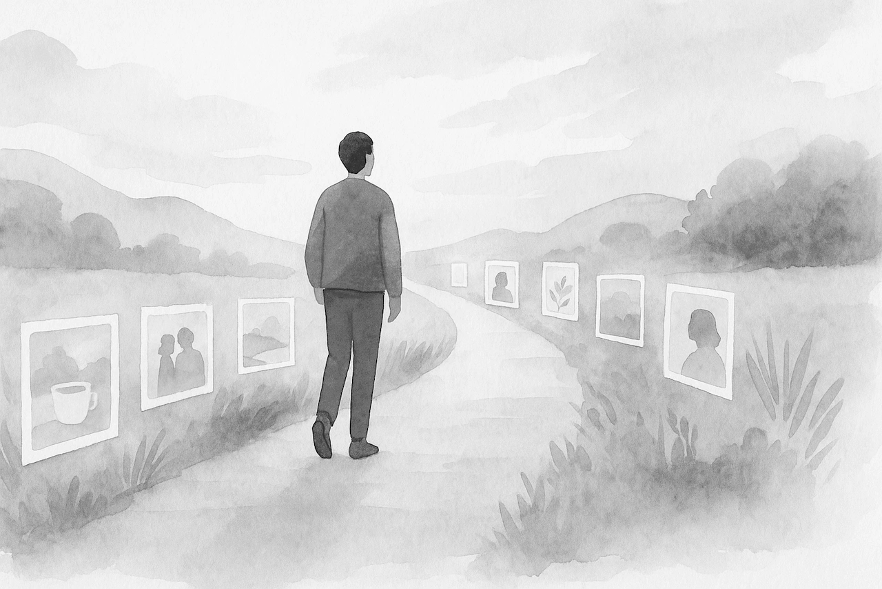 A grayscale watercolor illustration of a person walking along a winding path lined with framed memories, symbolizing reflection and personal growth.