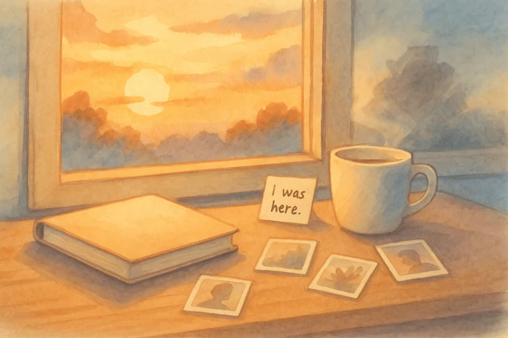 A watercolor illustration of a peaceful desk scene at sunset with a notebook, coffee cup, photos, and a note reading “I was here.”