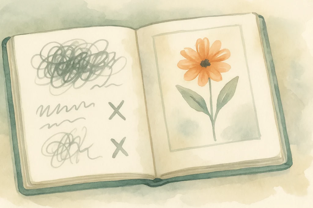 A watercolor illustration of an open sketchbook showing messy scribbles on one page and a neatly painted orange flower on the other, symbolizing imperfection and growth.