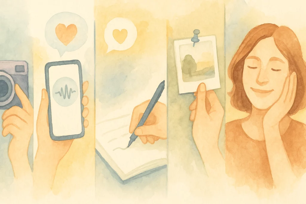 A watercolor illustration showing different creative ways to document life — taking photos, recording audio, writing, and pinning memories — ending with a smiling woman.