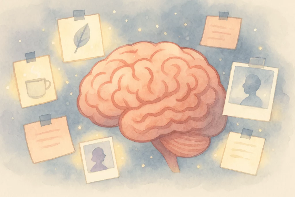 A watercolor illustration of a human brain surrounded by floating notes and photos, symbolizing memory, thought, and the creative process.