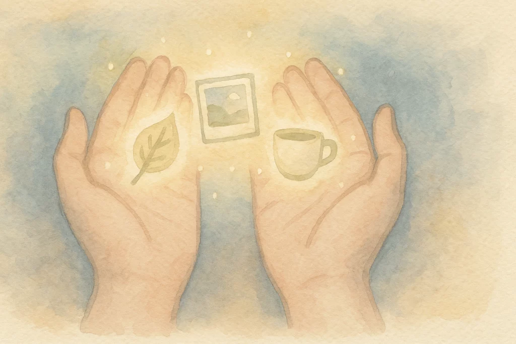 A watercolor illustration of two open hands glowing with small symbols — a leaf, a cup, and a photo — representing gratitude for life’s simple moments.