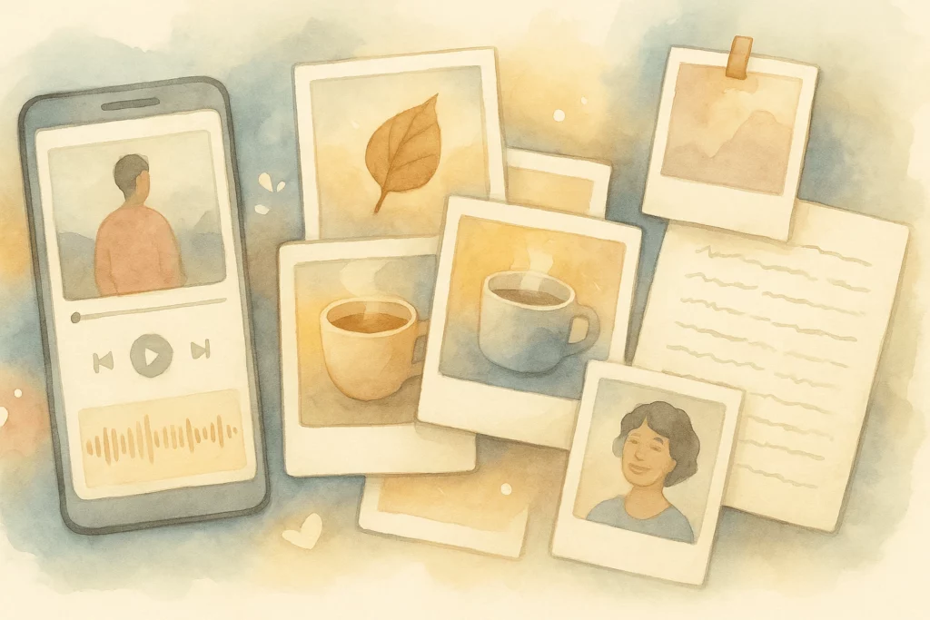 A watercolor illustration of photos, a smartphone with an audio recording, and handwritten notes, symbolizing creative ways to capture daily memories.
