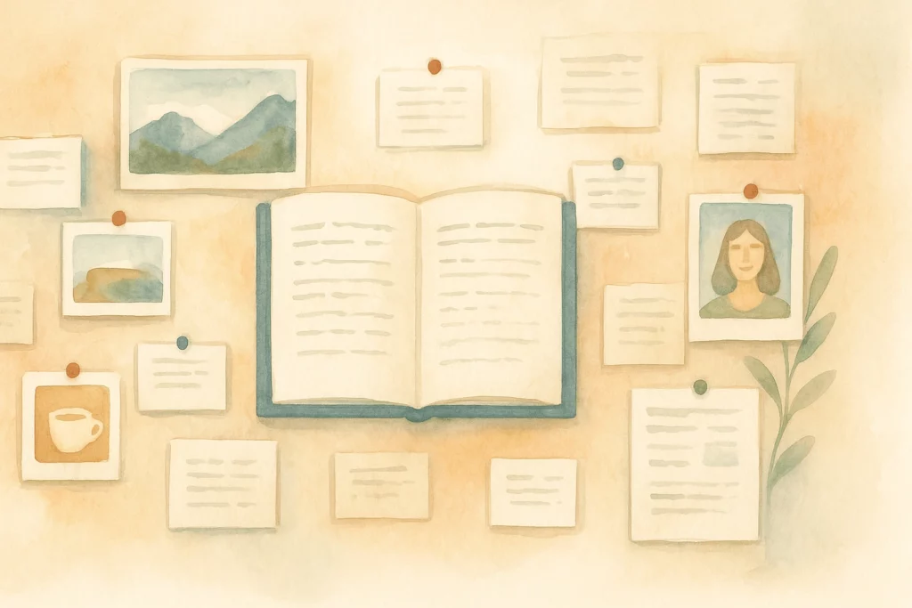 A watercolor illustration of an open book surrounded by pinned photos, notes, and drawings, symbolizing documenting life and creative storytelling.
