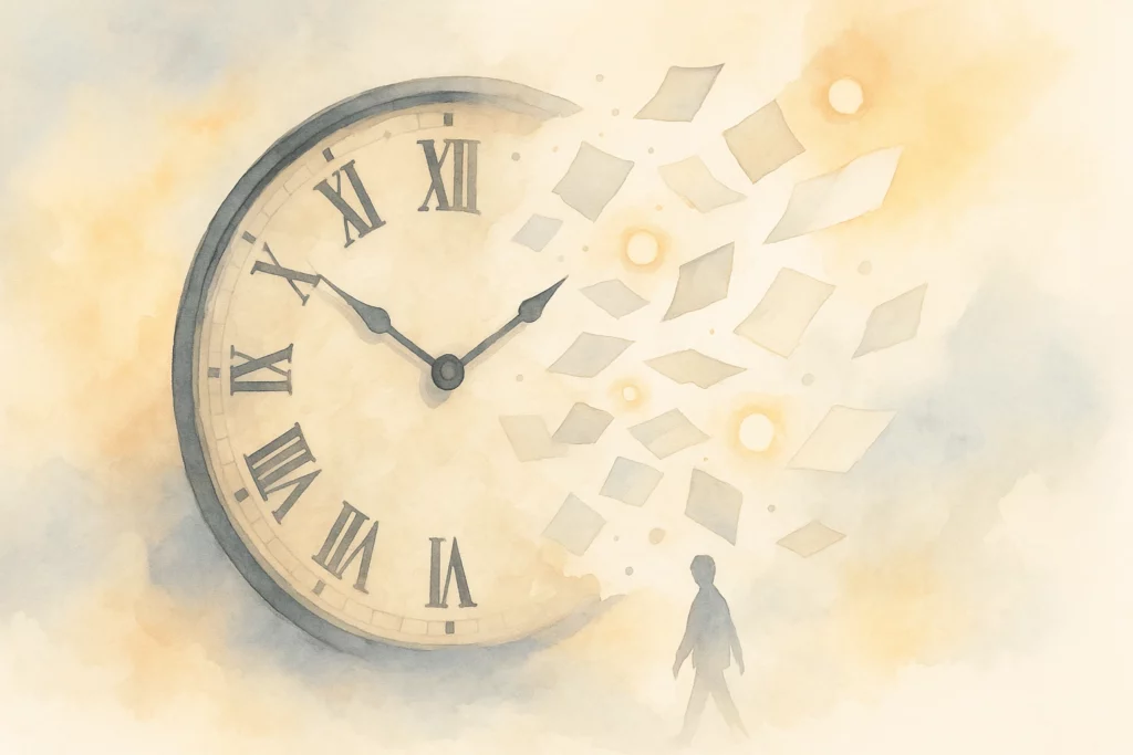 A watercolor illustration of a large clock with scattered pages dissolving into light, and a person walking below, symbolizing time, memory, and reflection.