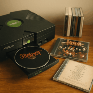 An original Xbox console with a Slipknot CD inserted, surrounded by scattered jewel cases—blending gaming nostalgia with early-2000s metal energy.
