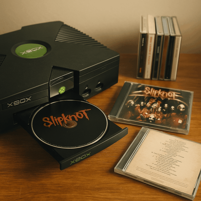 An original Xbox console with a Slipknot CD inserted, surrounded by scattered jewel cases—blending gaming nostalgia with early-2000s metal energy.