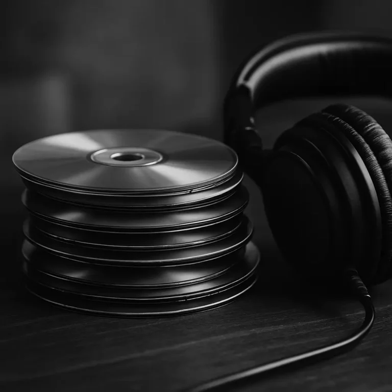 A black and white photo showing a stack of compact discs next to over-ear headphones on a wooden surface.