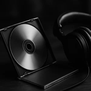 A black and white photograph of an open CD player with a visible compact disc inside, paired with over-ear headphones, evoking a nostalgic music listening experience.