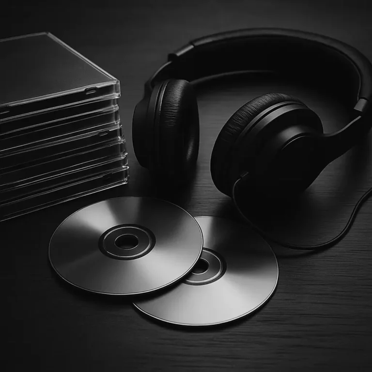 Black and white photo showing over-ear headphones and a stack of CDs on a wooden table, capturing a moody, retro vibe focused on listening to full albums.