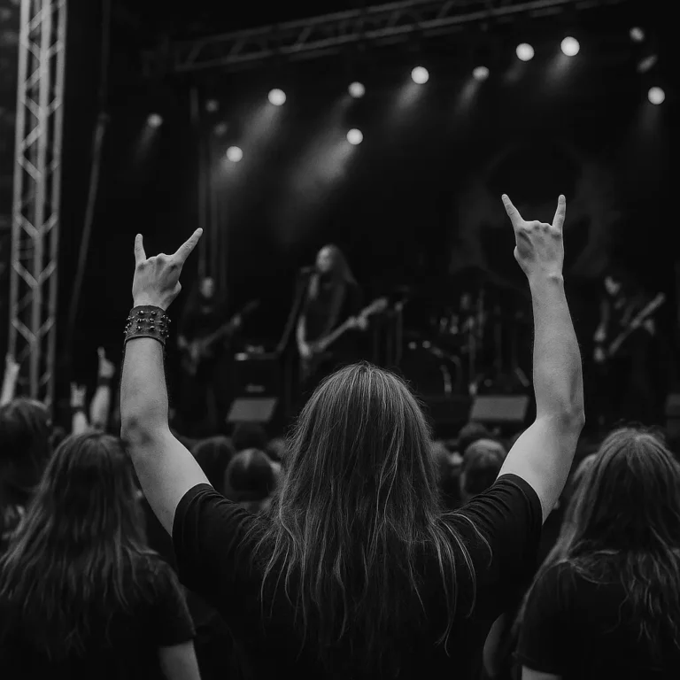 Black and white photo of a festival crowd at Wacken Open Air, with raised hands and heavy metal atmosphere.