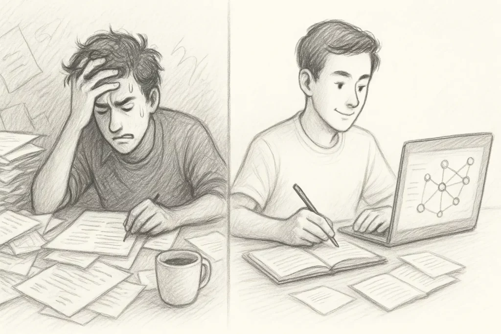 Split pencil sketch showing a stressed student surrounded by papers on the left and a calm student using a laptop for organised studying on the right.
