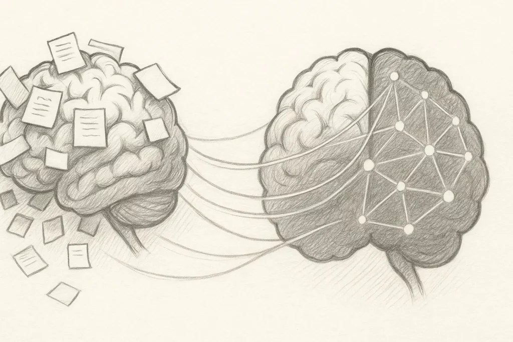 Two brains connected by lines, one cluttered with loose papers and the other structured with glowing network nodes, symbolising organised thinking.
