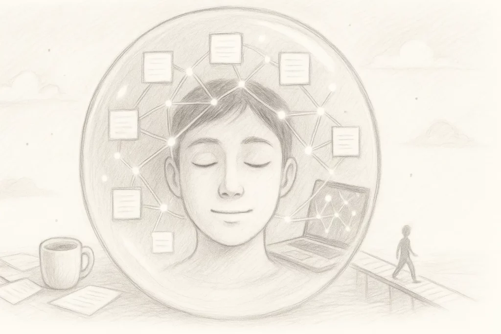 Pencil drawing of a calm person inside a transparent bubble with connected glowing notes around their head, symbolising mental clarity and organised thought.