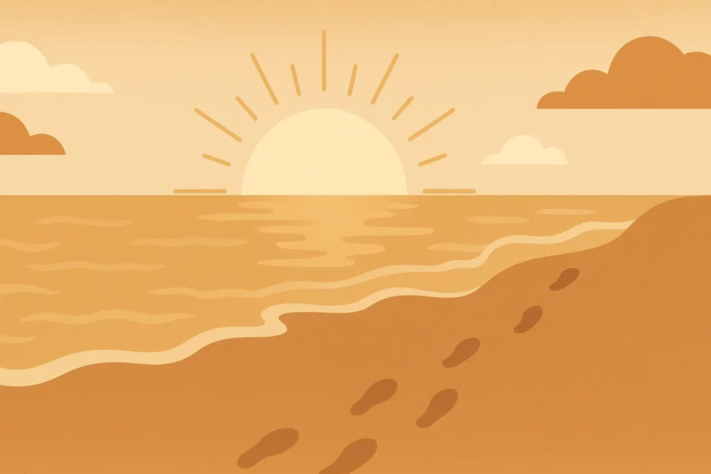 Minimalist illustration of sunrise over the ocean with footprints in the sand, symbolising reflection, healing, and inner peace.