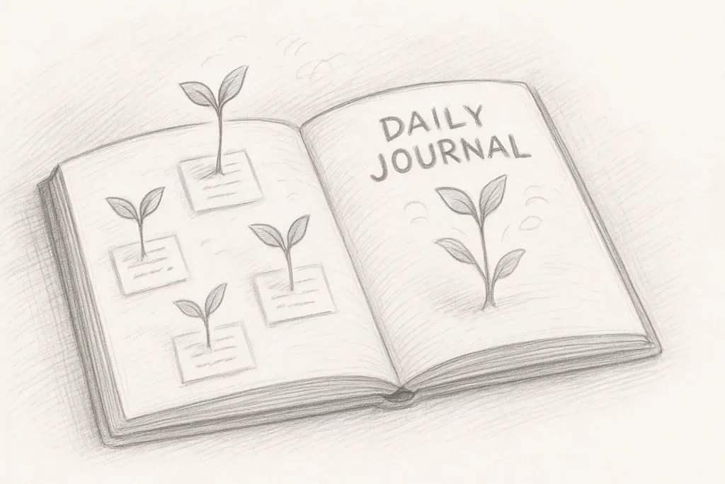 Open sketchbook titled “Daily Journal” with small plants sprouting from its pages, symbolising personal growth through daily reflection.