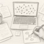 Calm student surrounded by connected notes and ideas symbolising a second brain system.