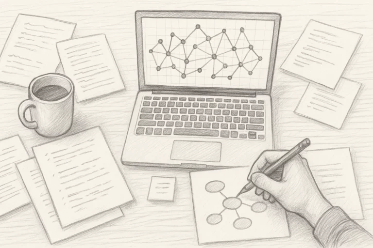 Calm student surrounded by connected notes and ideas symbolising a second brain system.