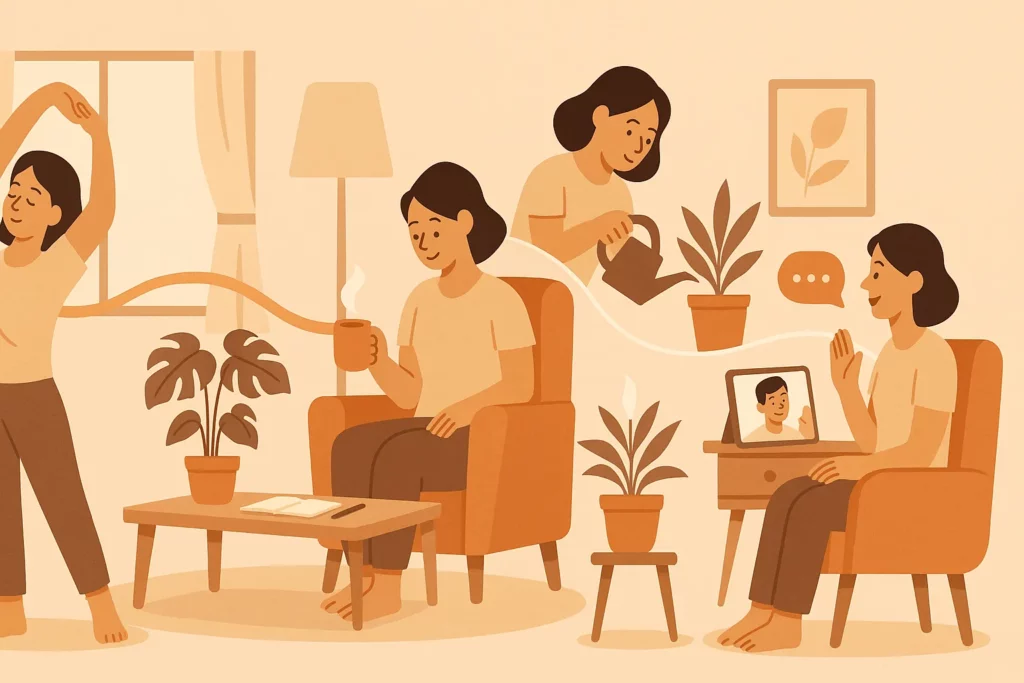 Illustration of a woman engaging in self-care activities like stretching, relaxing with coffee, watering plants, and connecting online, symbolising positive mental health habits.