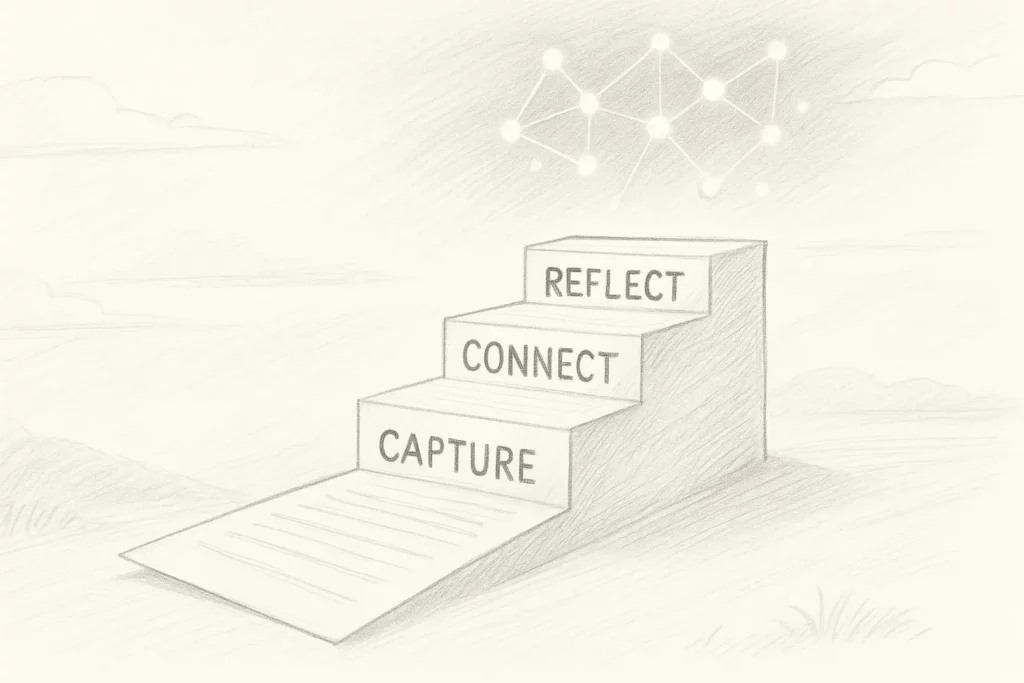 Pencil drawing of three steps labelled Capture, Connect, and Reflect, symbolising stages of building a second brain and organised thinking.
