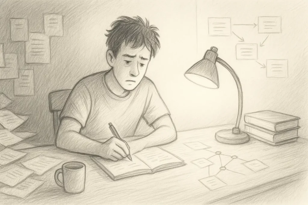 A tired student studying late at night under a desk lamp, surrounded by papers and books, sketching notes in a notebook.