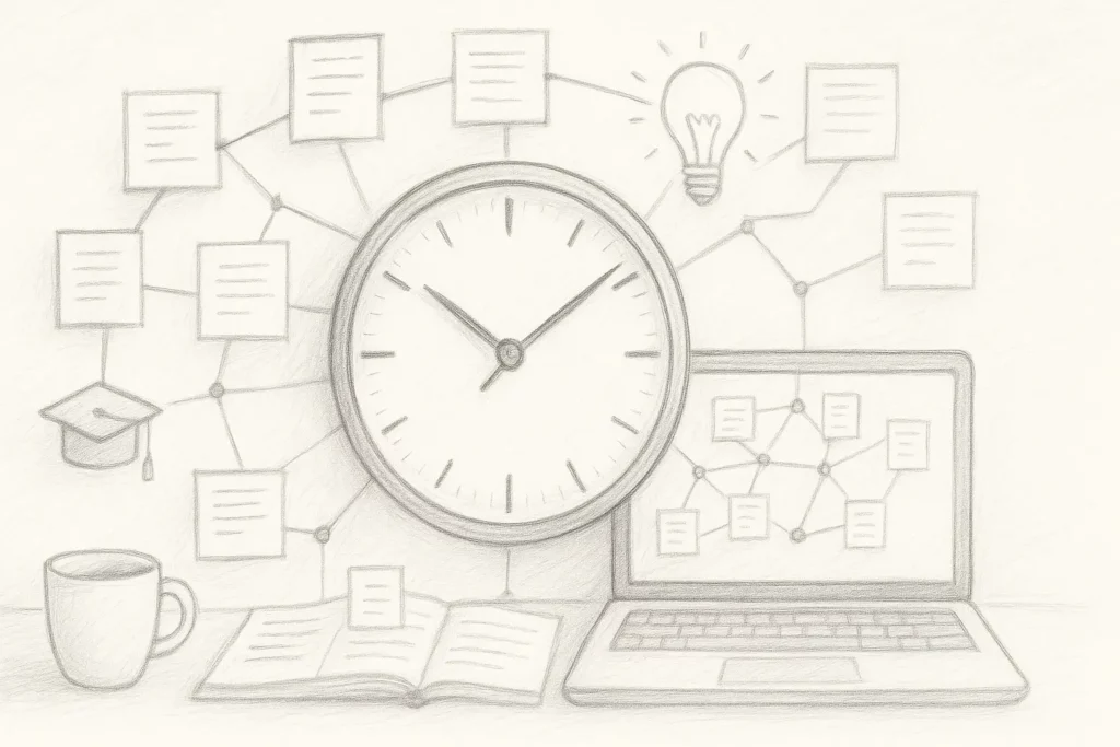 Pencil sketch showing a large clock surrounded by connected notes, a laptop, and an open book, symbolising balance between learning and productivity.
