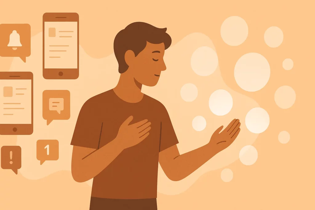 Illustration of a person practicing mindfulness while surrounded by smartphone notifications, symbolising digital balance and mental wellbeing.