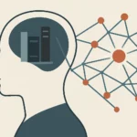 Editorial vector illustration of a digital second brain concept with knowledge network, bookshelf and connected ideas.