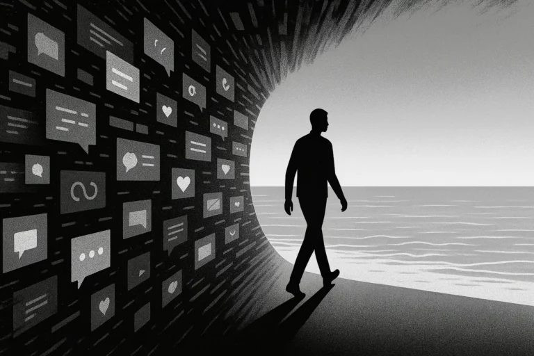 A black-and-white vector illustration of a person walking through a tunnel made of glowing screens and notifications, emerging toward a calm ocean horizon that symbolizes mental clarity after digital overload.