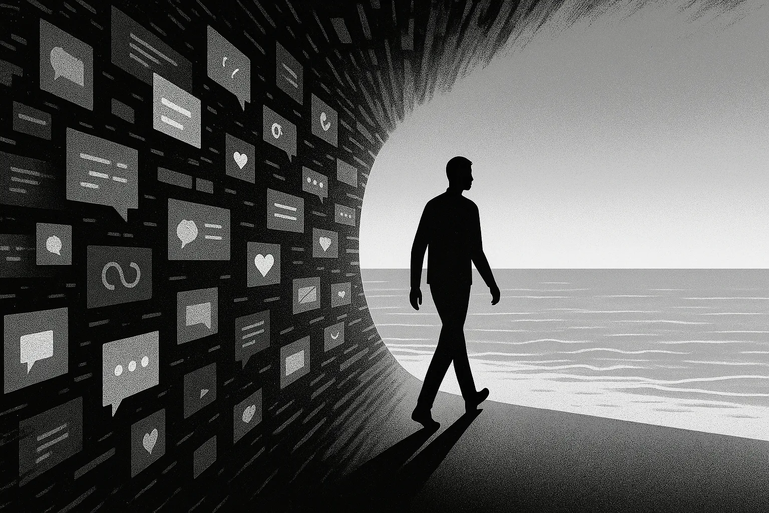 A black-and-white vector illustration of a person walking through a tunnel made of glowing screens and notifications, emerging toward a calm ocean horizon that symbolizes mental clarity after digital overload.