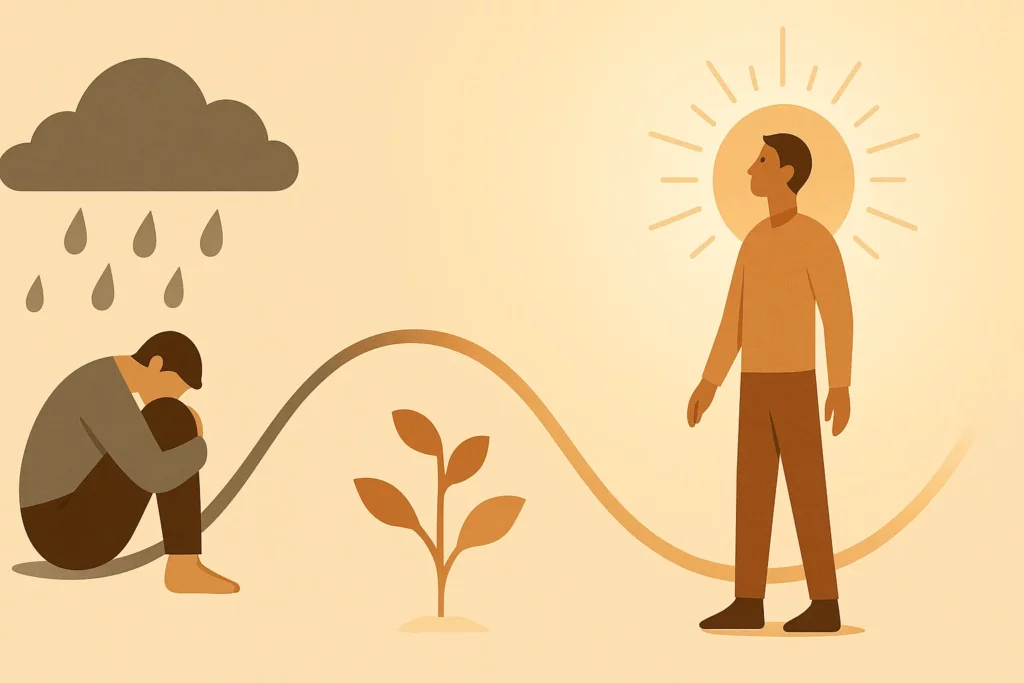 Illustration showing a person sitting under a rain cloud transforming into another standing in sunlight, symbolising resilience, recovery, and mental health improvement.
