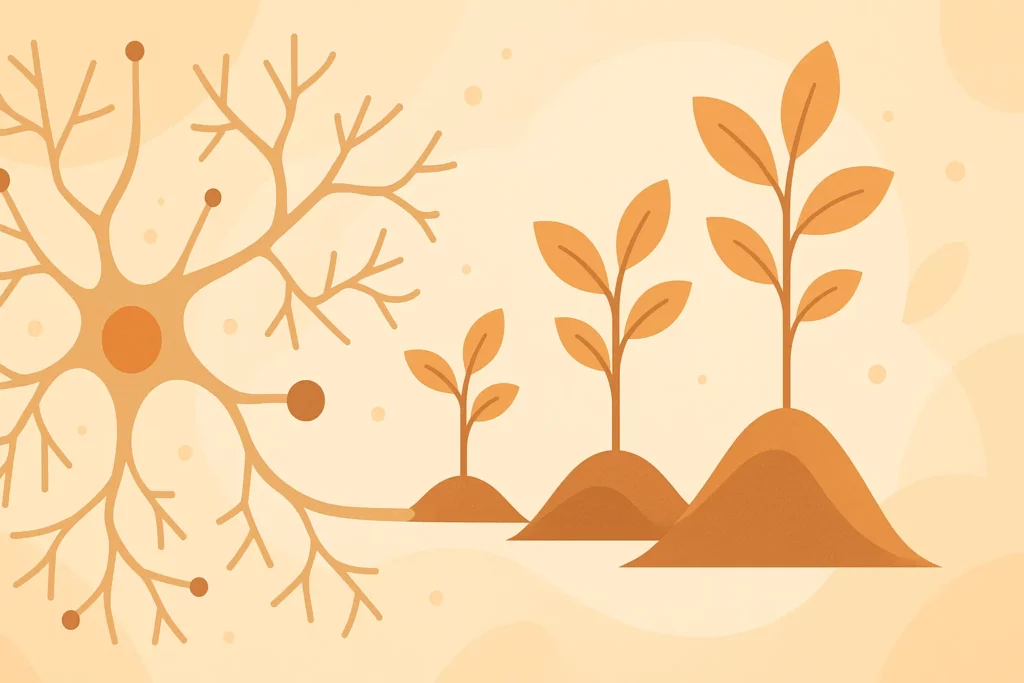 Abstract vector illustration showing a neuron connected to growing plants, symbolising the link between brain science, growth, and mental health.