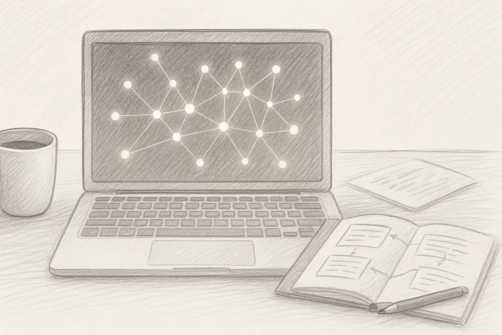 Laptop displaying connected glowing nodes beside an open notebook and coffee cup, representing digital note-taking and idea mapping.
