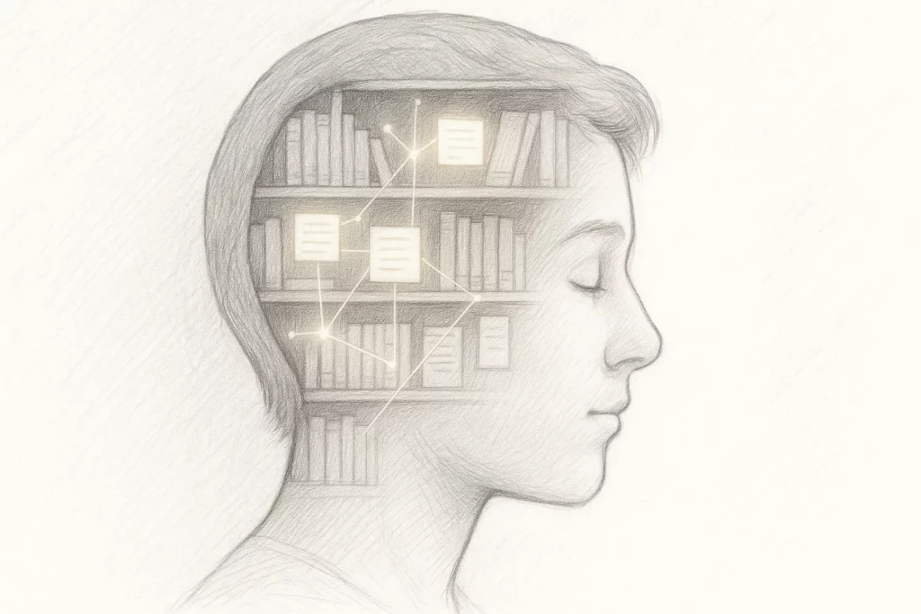 Side profile of a person with a bookshelf inside the head, showing glowing connected notes symbolising organised thoughts and knowledge.