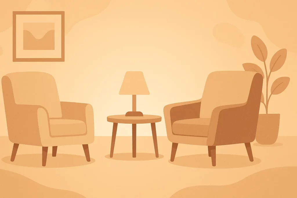 Illustration of two empty chairs facing each other with a lamp in between, symbolising a safe and calm therapy space for open mental health discussions.