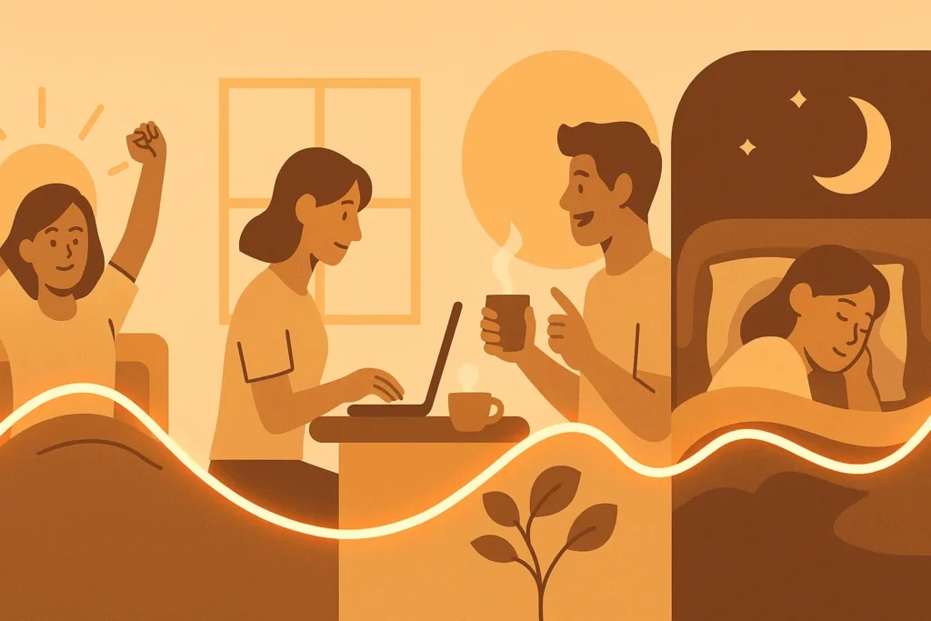 Illustration showing people waking up, working, sharing coffee, and sleeping, symbolising a balanced daily routine that supports mental health and wellbeing.