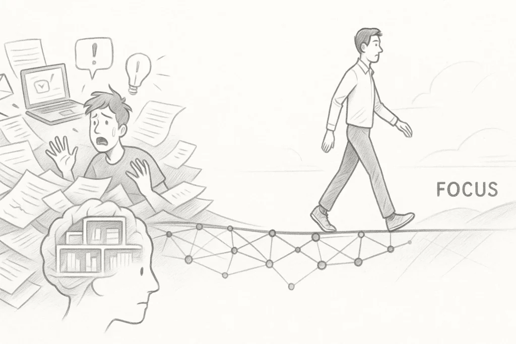 Pencil sketch showing a person overwhelmed by papers on one side and calmly walking toward focus on a connected bridge of ideas.