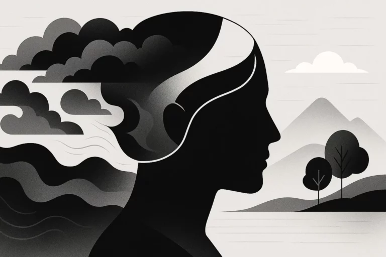 Abstract black and white vector illustration of a woman’s silhouette blending with clouds, water, and mountains, symbolising calm reflection and mental balance.