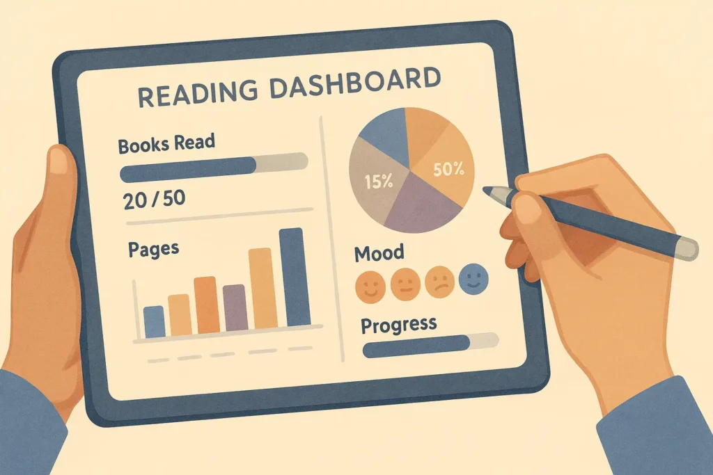 Flat vector illustration of a reading dashboard on a tablet showing books read, mood tracking, and page statistics for a reading challenge.