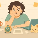 Stressed young adult sits at a cluttered desk with a warm coffee mug, alarm clock, laptop, and sleeping beige cat. Muted, cozy Scandinavian vector style.