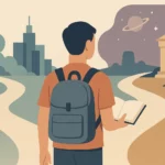 Flat vector illustration of a person choosing between different reading paths representing fantasy, urban stories, and nature themes.