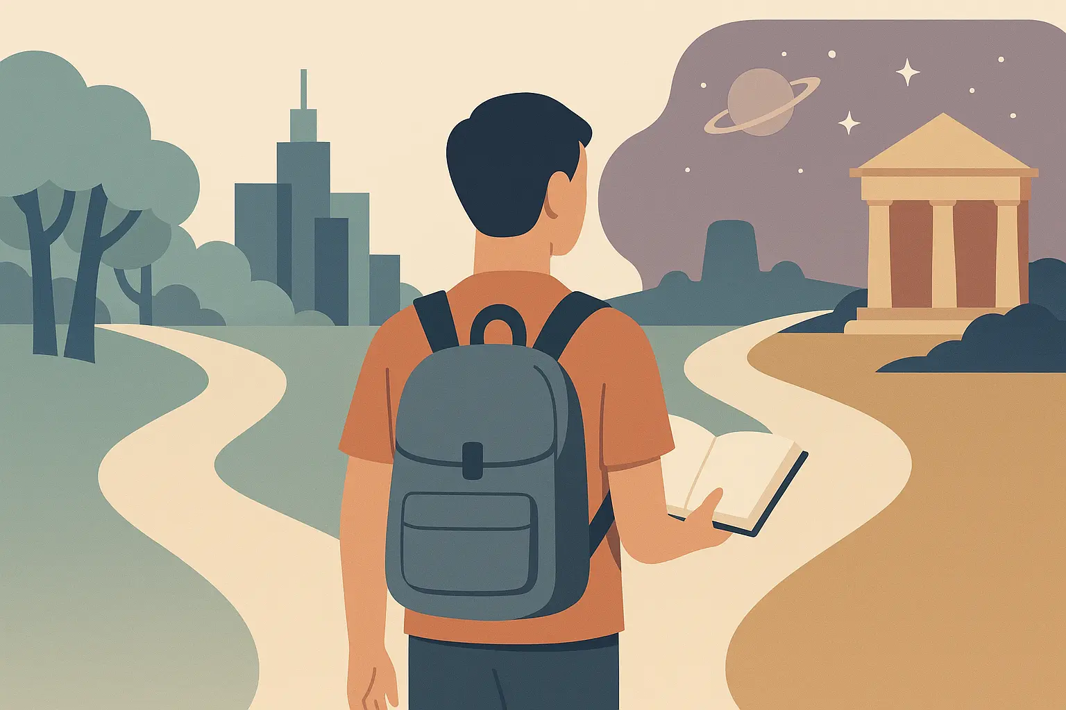 Flat vector illustration of a person choosing between different reading paths representing fantasy, urban stories, and nature themes.