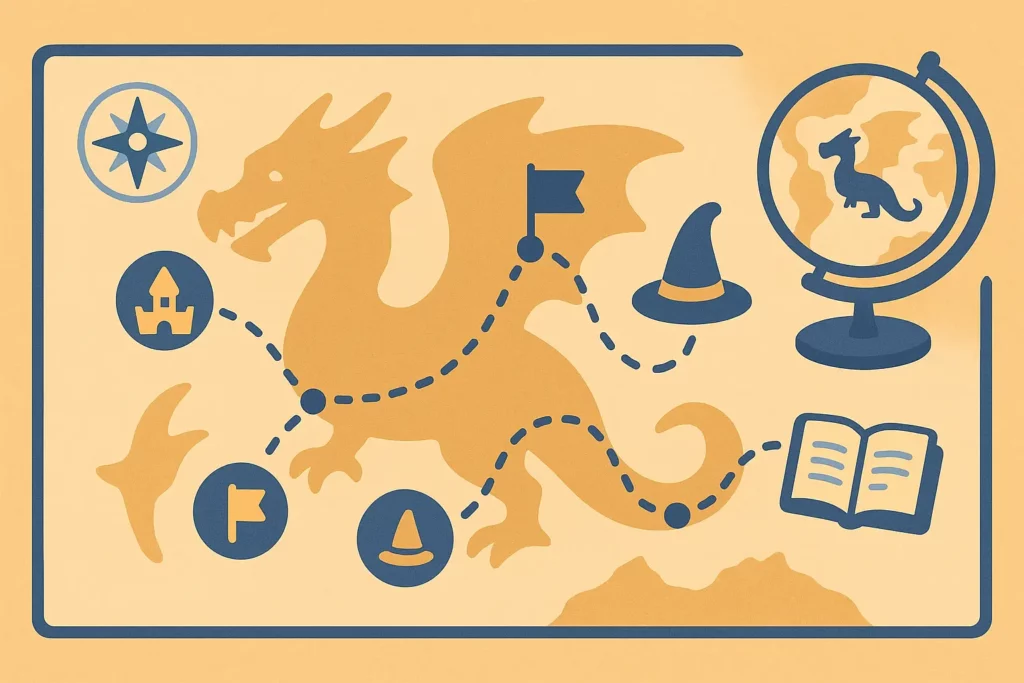 Flat vector fantasy map with a dragon shaped continent and a dotted adventure route leading to themed reading icons.