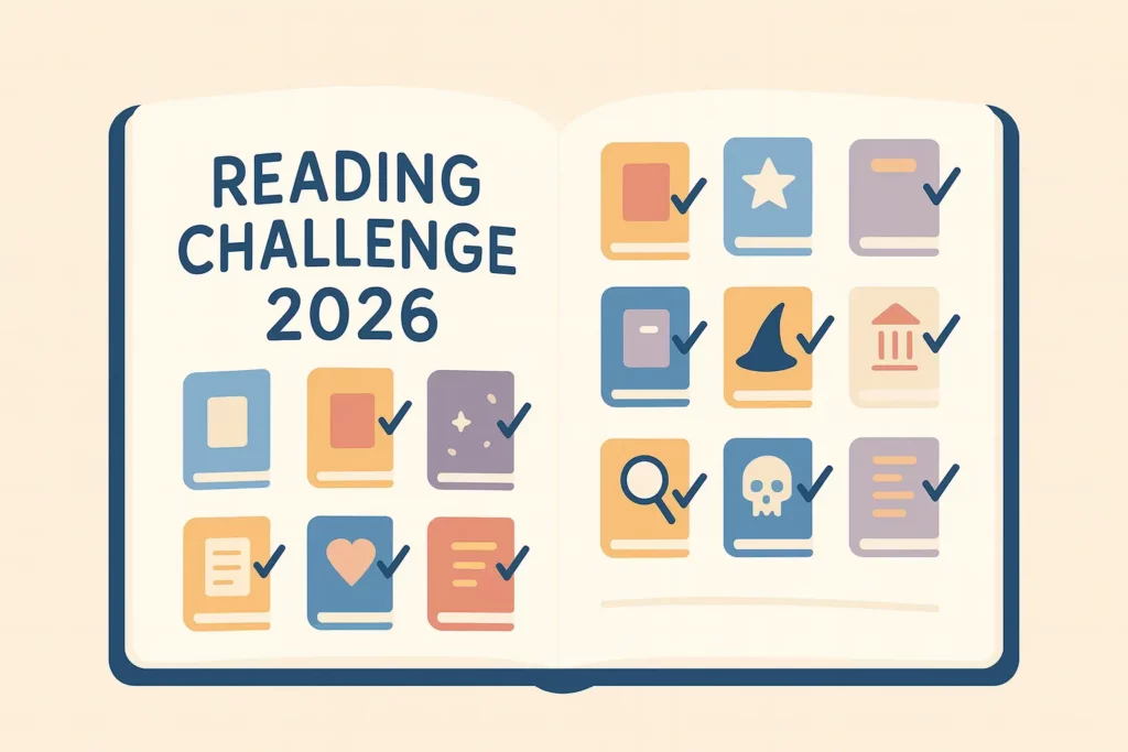 Flat vector illustration of an open book displaying the Reading Challenge 2026 with colourful genre icons and checkmarks.